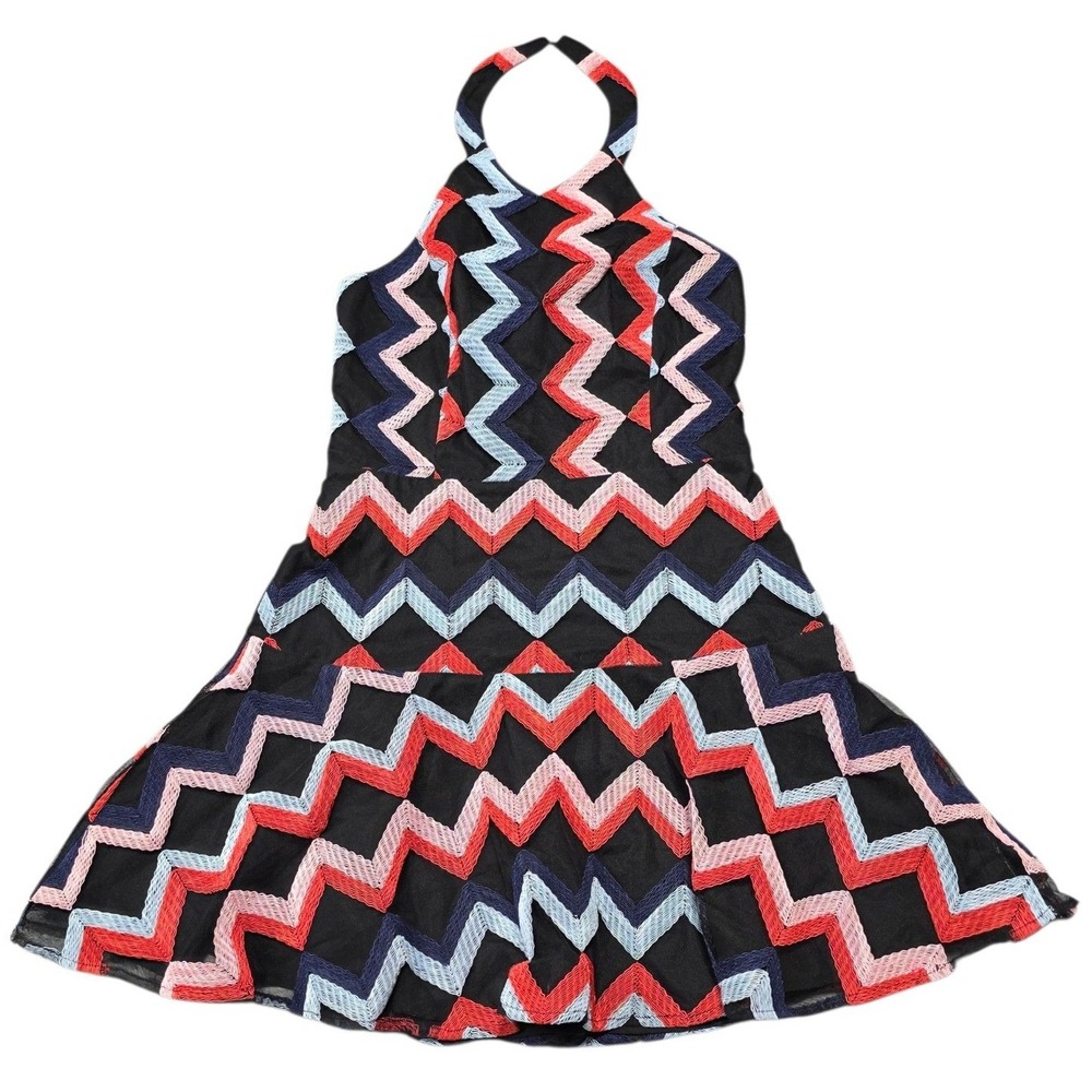 Parker Zig Zag Embroidered Halter Dress Womens 6 Black Multi Polyester Mini